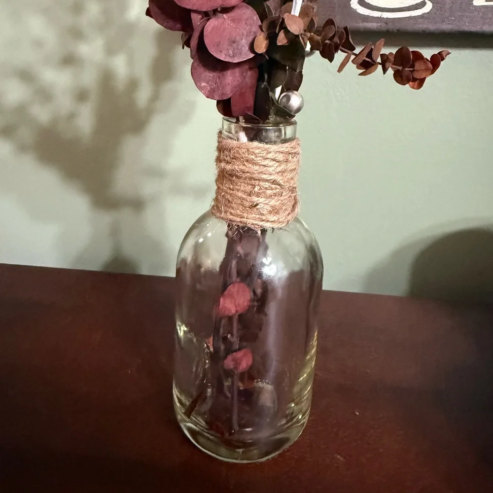 Rustic Glass Vase with Burgundy Accents, Handmade Cottagecore Modern Farmhouse